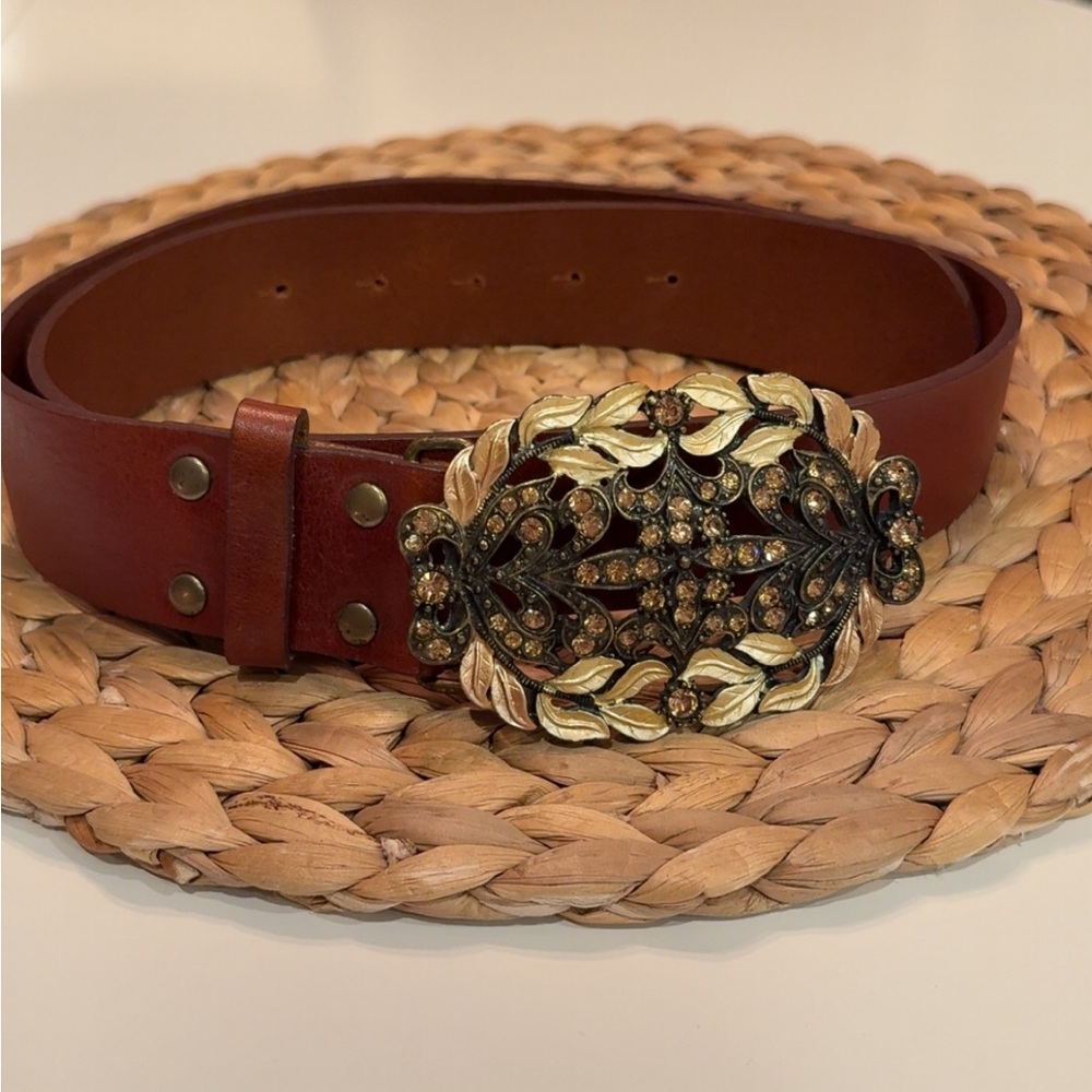 CAbi Leather Belt with Decorative Gold Buckle